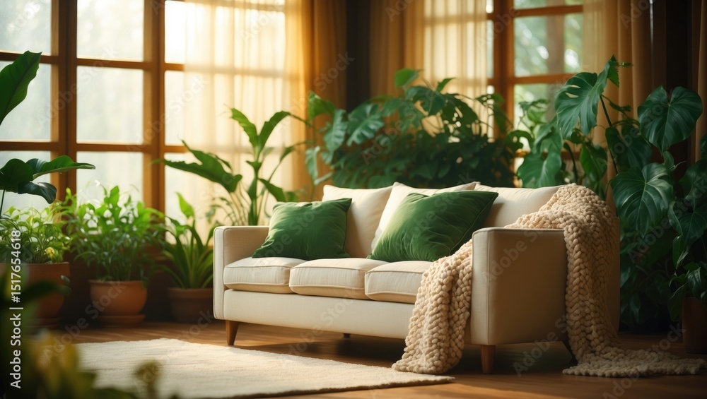 Fototapeta premium Scandinavian living room with blurred background showcasing light wood floors, cozy furniture, and green plants for a warm, inviting atmosphere.