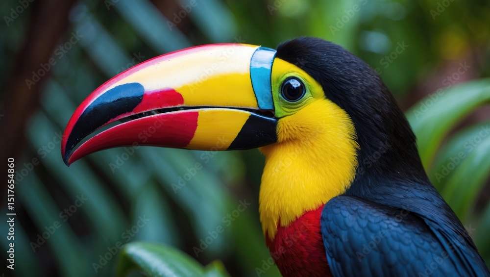 Fototapeta premium Vivid white-chested toucan perched amidst the lush Peruvian Amazon rainforest