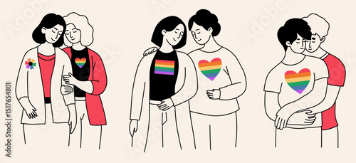 Pride Month. LGBTQ Same-sex People set. Couple in Love gently hugging. LGBT community. Isolate hand Doodle drawings. Vector Illustration for Design, social media, unity and equal love