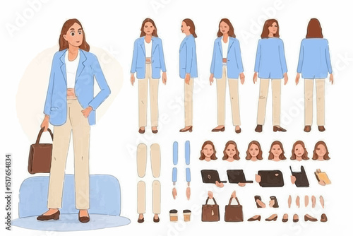 Young casual business woman character constructor for animation. Front, side and back view set. Body parts, postures, poses collection. Vector illustration.