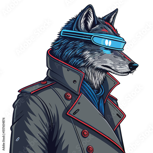 A stylized wolf, laser eyes blazing, dons a trench coat and a vibrant neon 'V' symbol.  Cyberpunk, gritty, urban setting.