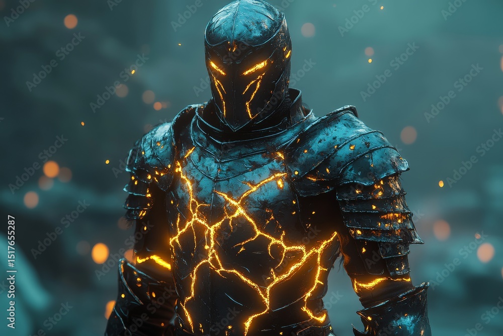 Fototapeta premium Knight in glowing armor with crackling energy stands in a mystical forest setting during twilight hours