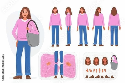 Young casual business woman character constructor for animation. Front, side and back view set. Body parts, postures, poses collection. Vector illustration.