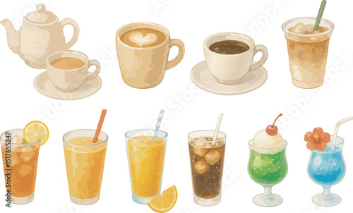 Watercolor Cafe and Drink Set – Coffee, Tea, Juice, Soda, Cream Soda and More