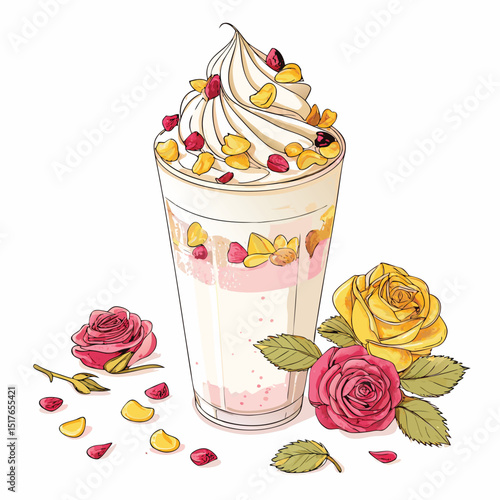A vibrant glass of creamy lassi, adorned with delicate rose petals, sits invitingly.  Close-up shot showcasing texture and color.