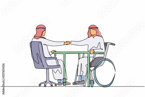 Single continuous line drawing disability employment. Disabled Arabic man sit in wheelchair shaking hand with boss or colleague in office introducing new workplace. One line draw graphic design vector
