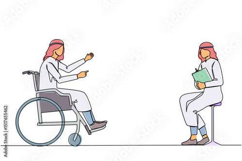 Continuous one line drawing disabled Arab man at job interview in office. Person in wheelchair talking with employer. Job interview, workday, social help. Single line draw design vector illustration