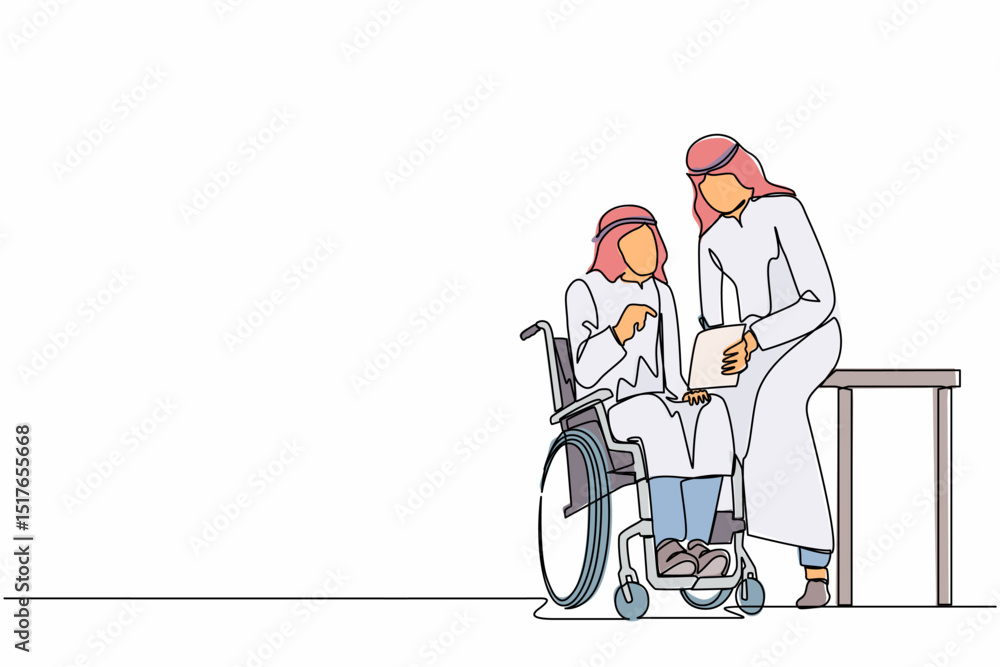 Single one line drawing Arabian businessman sitting on wheelchair presenting business graph on paper to manager. Corporate colleagues in the modern office. Continuous line draw design graphic vector Single one line drawing Arabian businessman sitting on wheelchair presenting business graph on paper to manager. Corporate colleagues in the modern office. Continuous line draw design graphic vector