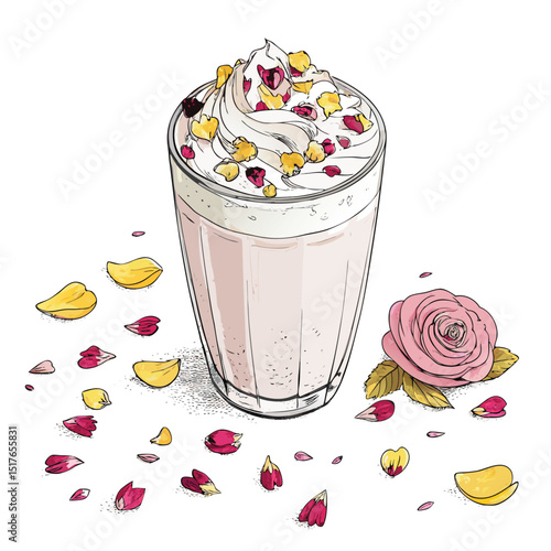 Close-up shot of a refreshing mango lassi in a glass, topped with thick cream and delicate rose petals.