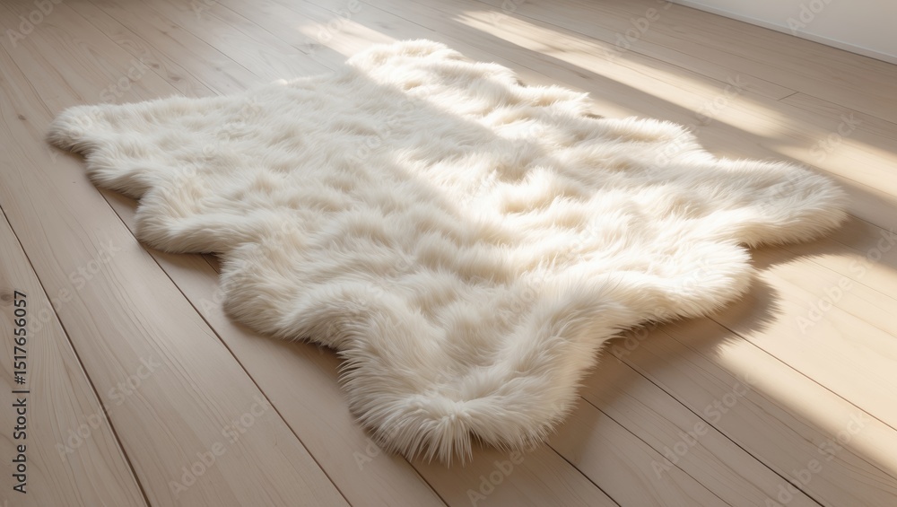 Natural fur rug on wooden floor background in home interior Natural fur rug on wooden floor background in home interior