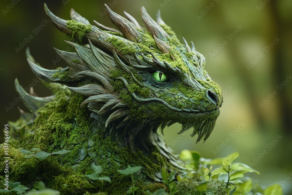 Green dragon sculpture covered in moss among lush greenery in a forest setting captured during daylight Green dragon sculpture covered in moss among lush greenery in a forest setting captured during daylight