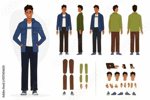 Casual boy character constructor for animation. Front, side and back view set. Body parts, postures, poses collection. Vector illustration. 