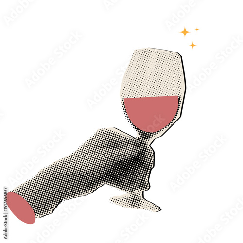 Collage with halftone female hand holding glass of red wine,trendy collage element