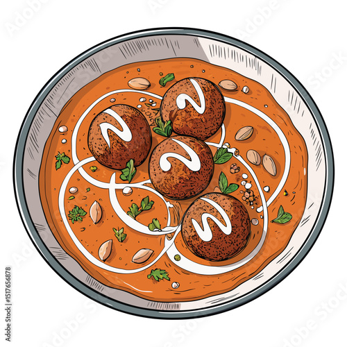 A delectable Malai Kofta dish, featuring creamy swirls, garnished with chopped nuts.  Showcase rich textures and vibrant colors.