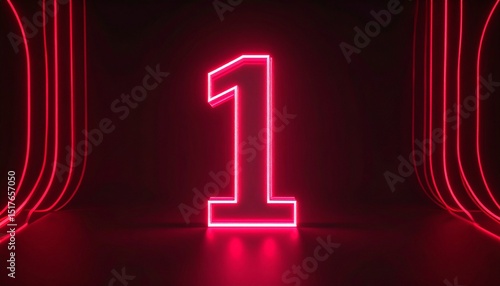 3D rendering of a metallic number 1 with curved red neon lines on a background. 