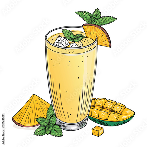 A vibrant, refreshing glass of mango lassi garnished with fresh mango slices and mint leaves.  Close-up shot highlighting the creamy texture and bright color.