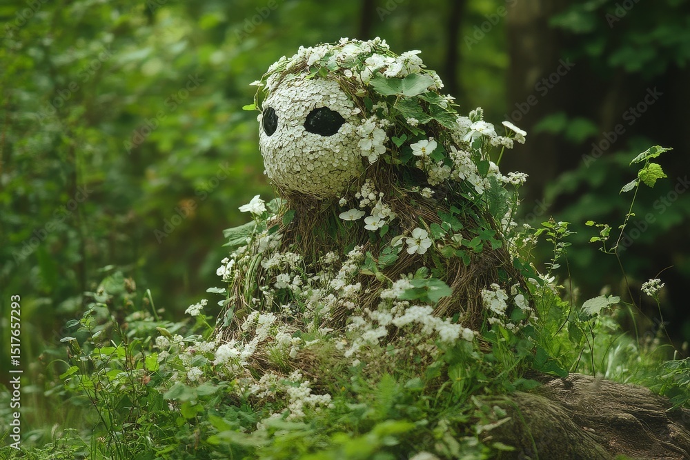 Obraz premium Entity made of flowers and grass sitting in a lush forest during daylight, surrounded by greenery and blossoms