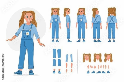 School girl character constructor for animation. Front, side and back view. Body parts and postures collection. Vector illustration. 