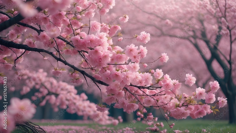 Fototapeta premium Pastel-colored cherry blossoms or Sakura flowers set against a natural blurred background during a spring day
