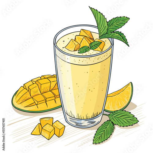 A refreshing glass of mango lassi, garnished with fresh mango slices and vibrant green mint leaves.  Close-up shot highlighting the creamy texture and vibrant colors.