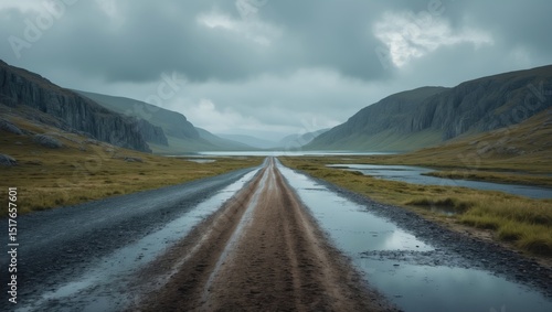 Murmansk region's deserted country road surrounded by rocks, lakes, and tundra under a cloudy summer sky