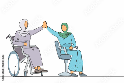 Single continuous line drawing happy disabled Arab woman give high five coworker. Office worker sitting in wheelchair joy. Colleague celebrating success. Good job sign. One line graphic design vector