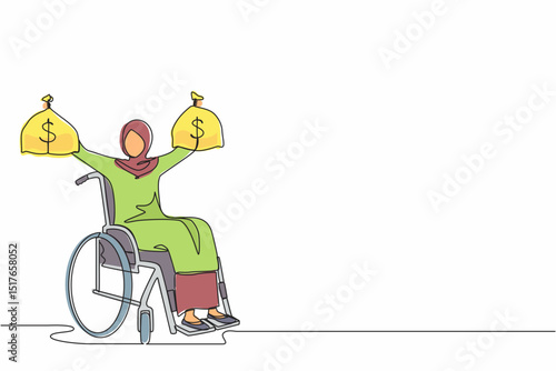 Continuous one line drawing Arab businesswoman holding dollar money bag. Disability insurance benefit payments for disabled wheelchair woman. Protection program. Single line draw design vector graphic