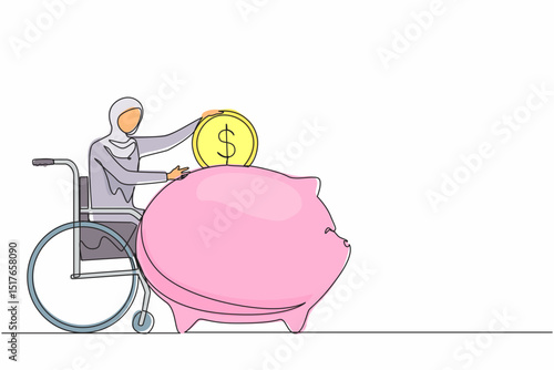 Single one line drawing happy disabled Arabic woman saving money. Person in wheelchair holding piggy bank and thinking of money. Disability, finance concept. Continuous line draw design graphic vector