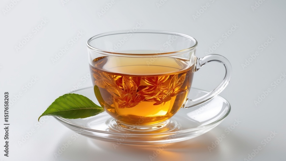 Hot green tea in a glass mug with leaves on white background Hot green tea in a glass mug with leaves on white background