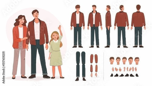 Father with mother and daughter. Family character constructor for animation. Front, side and back view set. Body parts, postures, poses collection. Vector illustration