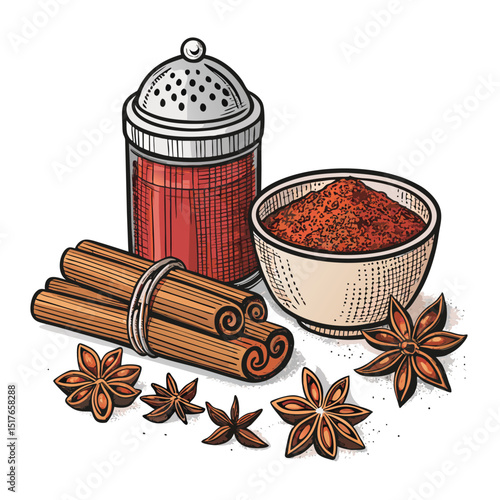 A vibrant, close-up shot of a masala chai tea setup, showcasing a spice jar, cinnamon sticks, and a steaming mug.  Focus on rich textures and warm colors.