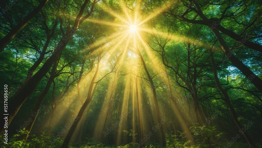 Obraz premium Tree with Sunrays through the Canopy in Forest