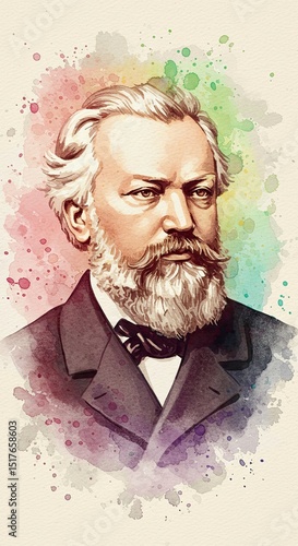 Johannes Brahms, German Romantic composer, 1833–1897, 19th century, renowned for Wiegenlied (Brahms’ Lullaby). Watercolor portrait, Colorful artistic splashes, vertical. World Classical Music Day