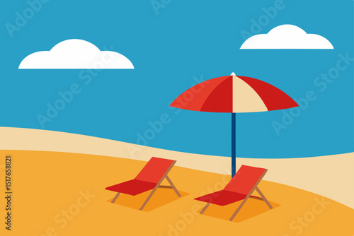 Vector illustration of a sunny summer beach with an umbrella, sea, and sand for your tropical vacation