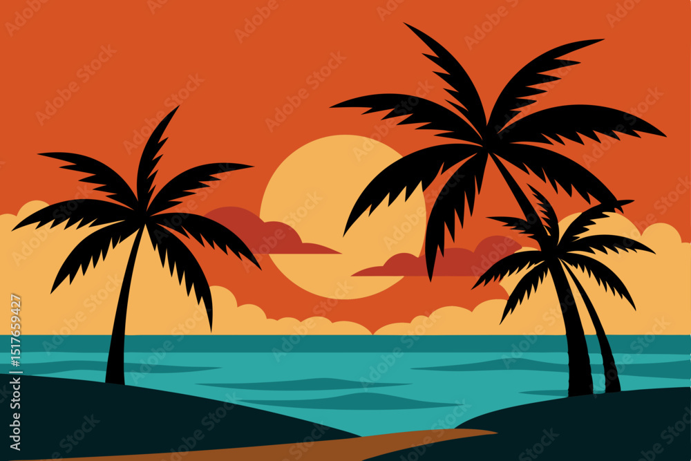 Fototapeta premium palm tree silhouettes over a sunset beach background