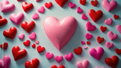 Pink and Red Paper Hearts on a Background with Heart-Shaped Papercuts for Valentine's Day