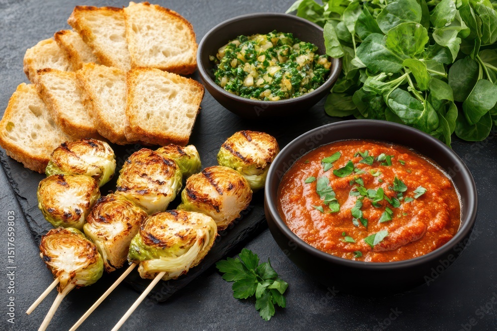 Grilled vegetable and chicken skewers served with toasted bread, tomato dip, and green salsa on dark slate, styled for a Mediterranean appetizer setting Grilled vegetable and chicken skewers served with toasted bread, tomato dip, and green salsa on dark slate, styled for a Mediterranean appetizer setting