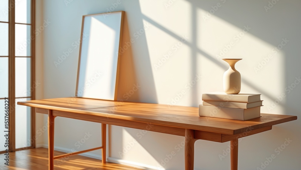 Obraz premium Minimalist home decor featuring Scandinavian style with blank wooden picture frame and poster mockup in living space