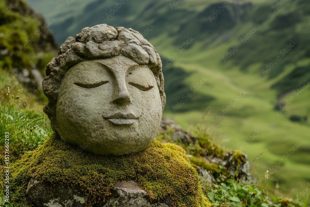 Fototapeta premium Serene stone sculpture resting on moss-covered ground in the Andes mountains during daylight hours