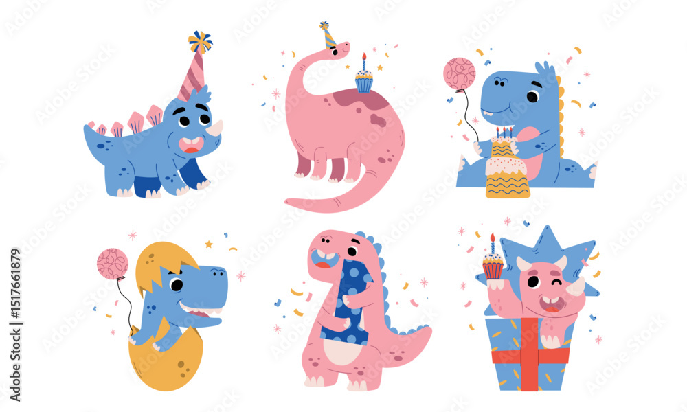 Naklejka premium A group of Colorful Cartoon Dinosaurs Joyfully Celebrating with Cake and Colorful Balloons