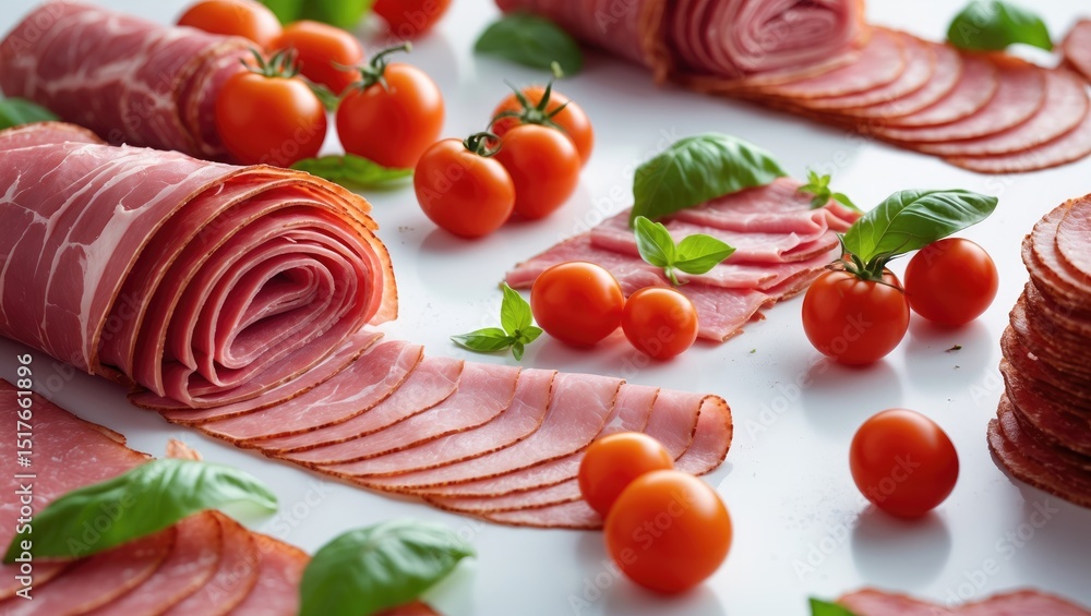 Assorted cooked ham slices on a white background Assorted cooked ham slices on a white background