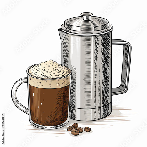 A steaming mug of freshly brewed filter coffee, displaying a rich crema or froth, beside a sleek steel tumbler.  High-quality photo.