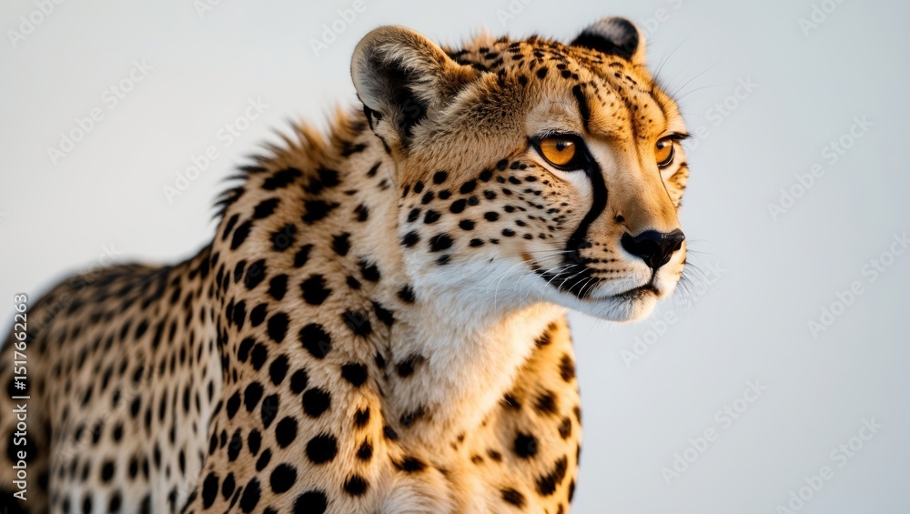 Close-up of a majestic cheetah with intense gaze and detailed fur texture on a white background Close-up of a majestic cheetah with intense gaze and detailed fur texture on a white background