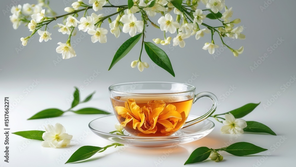 Fresh jasmine flower-infused green tea for relaxation Fresh jasmine flower-infused green tea for relaxation