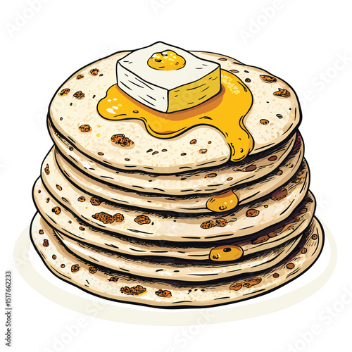 A visually appealing, high-resolution close-up shot of a stack of perfectly charred naan breads, glistening with melted butter.
