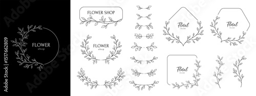 Hand drawn floral frames with flowers, branch and leaves. Elegant logo template. Delicate botanical borders and wreaths in line art and silhouette style. Vector illustration for invitation, card, logo
