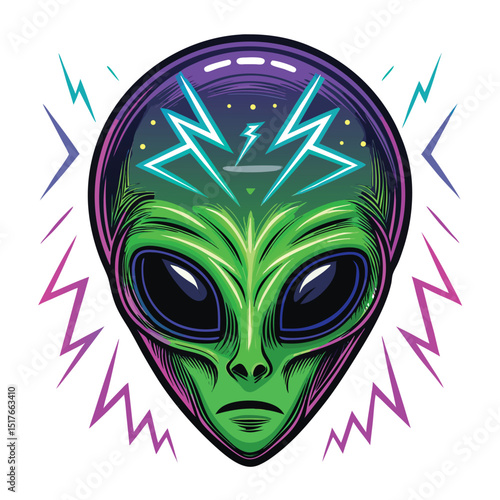 Render a neon green alien head, its pixels flickering erratically like a damaged CRT screen, showcasing digital glitches and distortion.