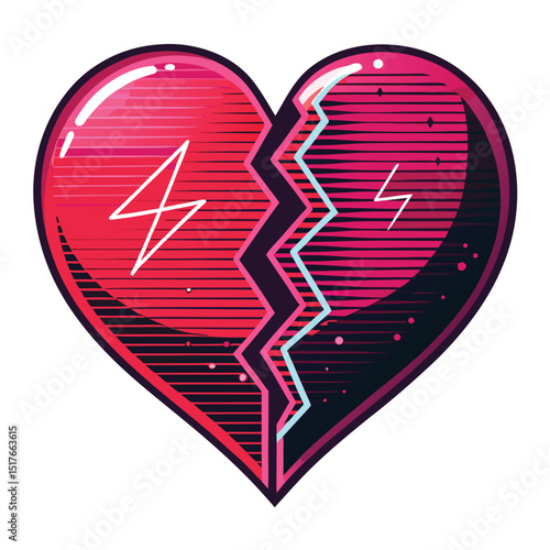 Create a vibrant neon broken heart, digitally pixelated, with a visible 'ja' (1) subtly incorporated.  Style should be retro-futuristic.