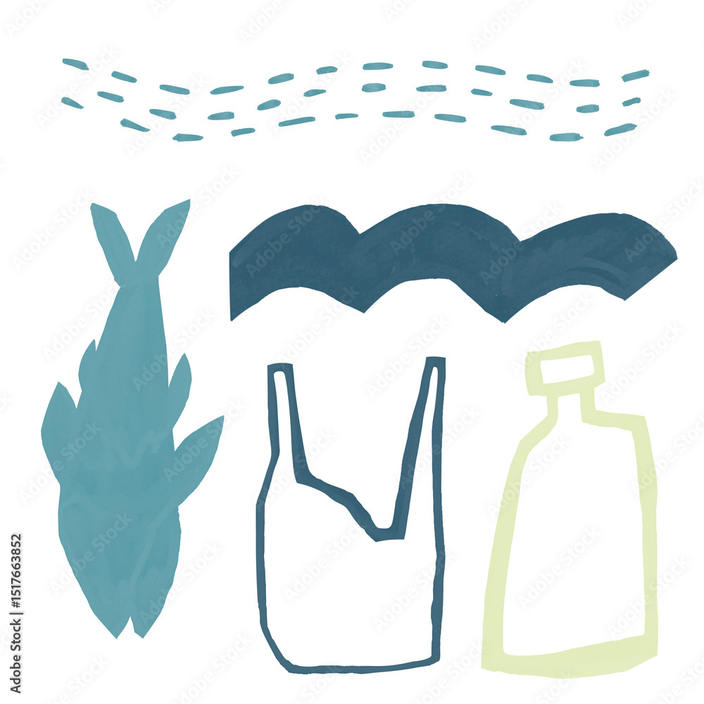 Abstract nature and recycling themed elements including fish, waves, plastic bag, and bottle. Design promoting ocean conservation and environmental protection. Abstract nature and recycling themed elements including fish, waves, plastic bag, and bottle. Design promoting ocean conservation and environmental protection.