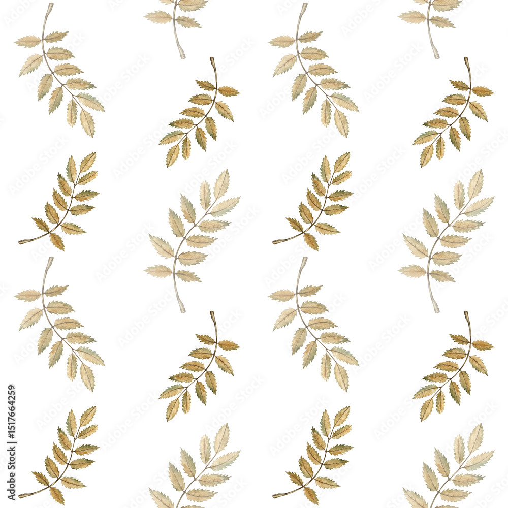 Seamless autumn pattern with autumn mountain ash leaves. Handmade watercolor illustration. For packaging, textiles and wallpaper, wrapping paper. For tablecloths, curtains and other home decor. Seamless autumn pattern with autumn mountain ash leaves. Handmade watercolor illustration. For packaging, textiles and wallpaper, wrapping paper. For tablecloths, curtains and other home decor.